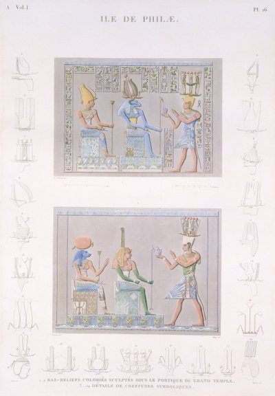 نقوش قاعدة ملونة منحوتة على رواق المعبد الكبير مع تفاصيل الرموز ، جزيرة فيلة ، اللوحة 16 من المجلد الأول من `` أوصاف مصر &39;&39; ، محفورة بواسطة Allais ، 1822 (aquatint) بواسطة أندريه دوتيرتر